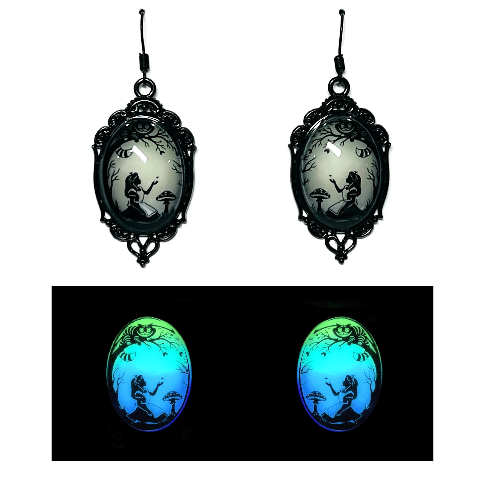 Alice in Wonderland Lime Aqua Blue & Purple/Violet Glow in the Dark Earrings