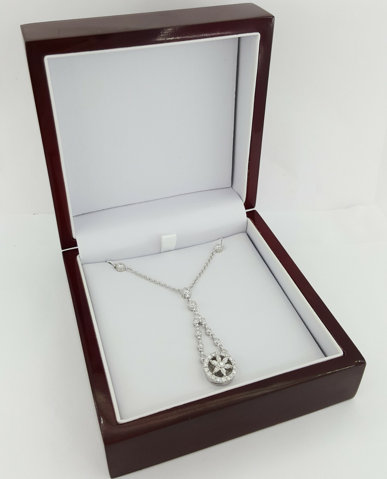 Round & Marquise Cut Diamond Drop Necklace 8.8 Grams 17″ 1.2 ct 14K White Gold
