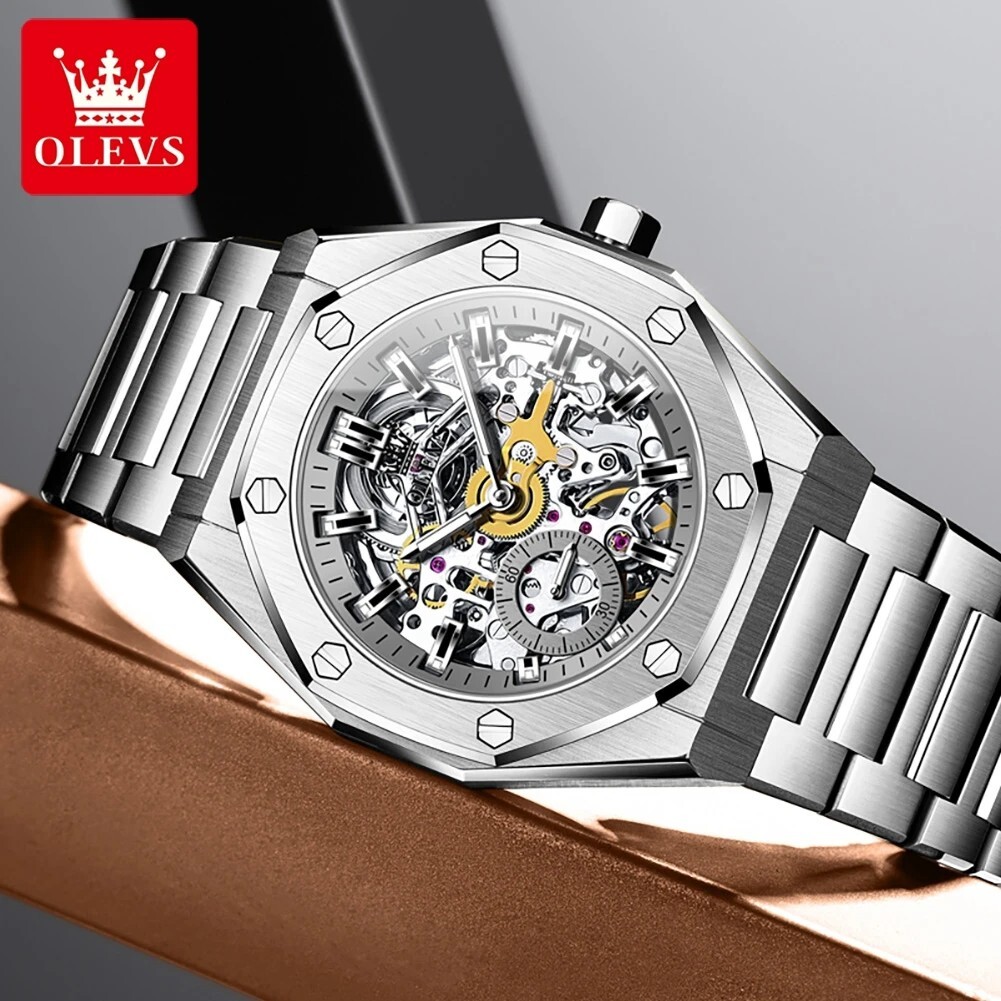 Automatic Mechanical Waterproof Luxury OLEVS Watch Skeleton Men Men’s Strap