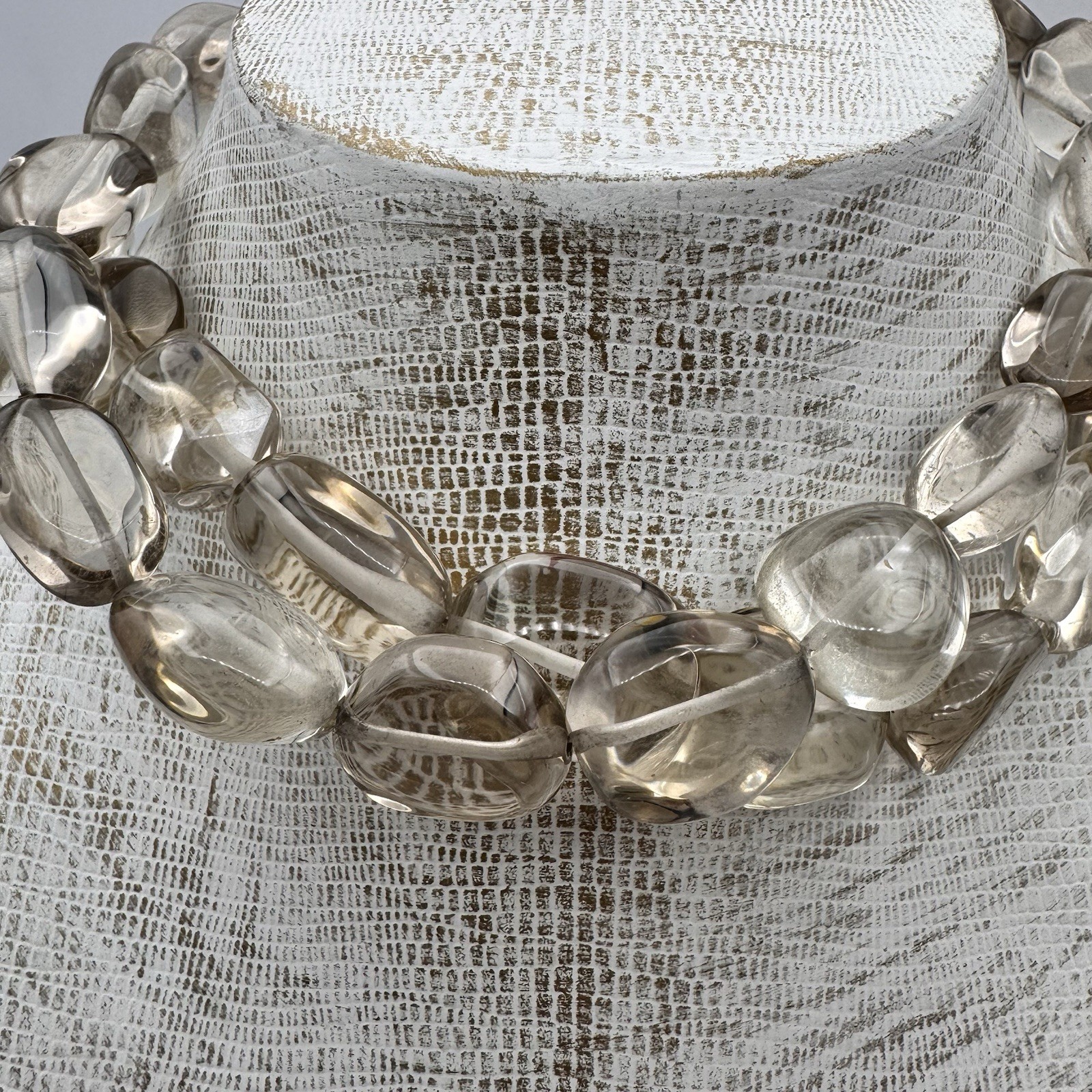 VTG Sterling Silver Light Smoky Quartz Heavy Double Strand Beaded Necklace 15″
