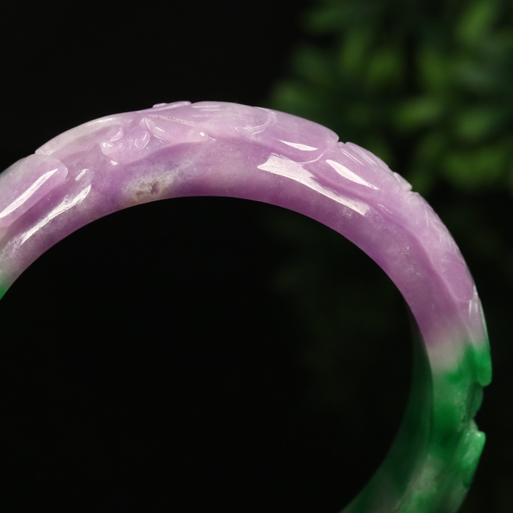 55mm Lavender Purple Green Jadeite Jade Bangle Bracelet Ruyi Fish Lotus A-14535
