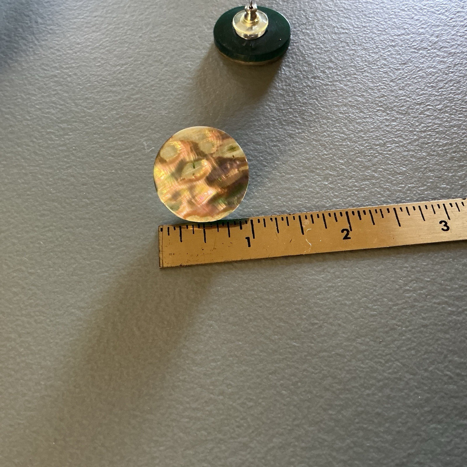 Vintage 60s Abalone Shell Lucite Button Earrings Green Disc Inlay Mod MCM 1″