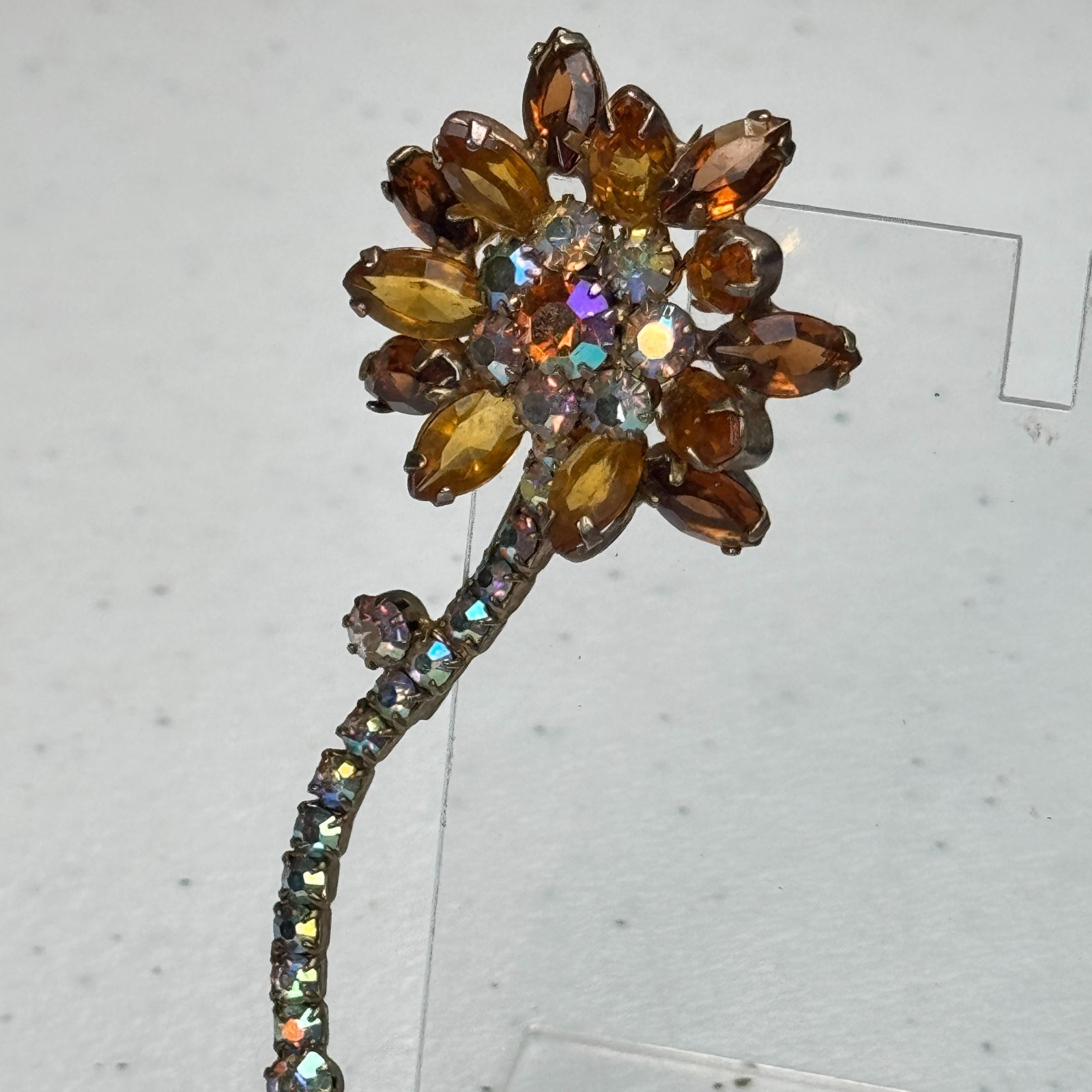 Vintage Brooch Brown Rhinestone Flower AB Stem Daisy MCM 50s 60s