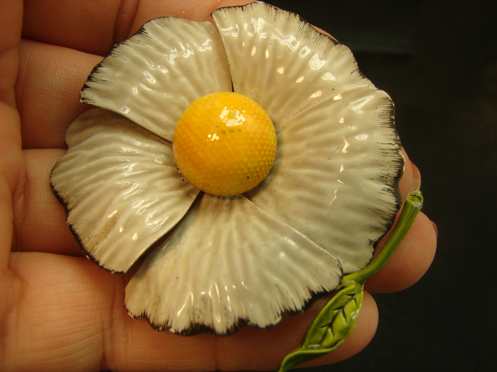 Vintage Gray & Yellow Black Trim Enamel Metal Flower Pin