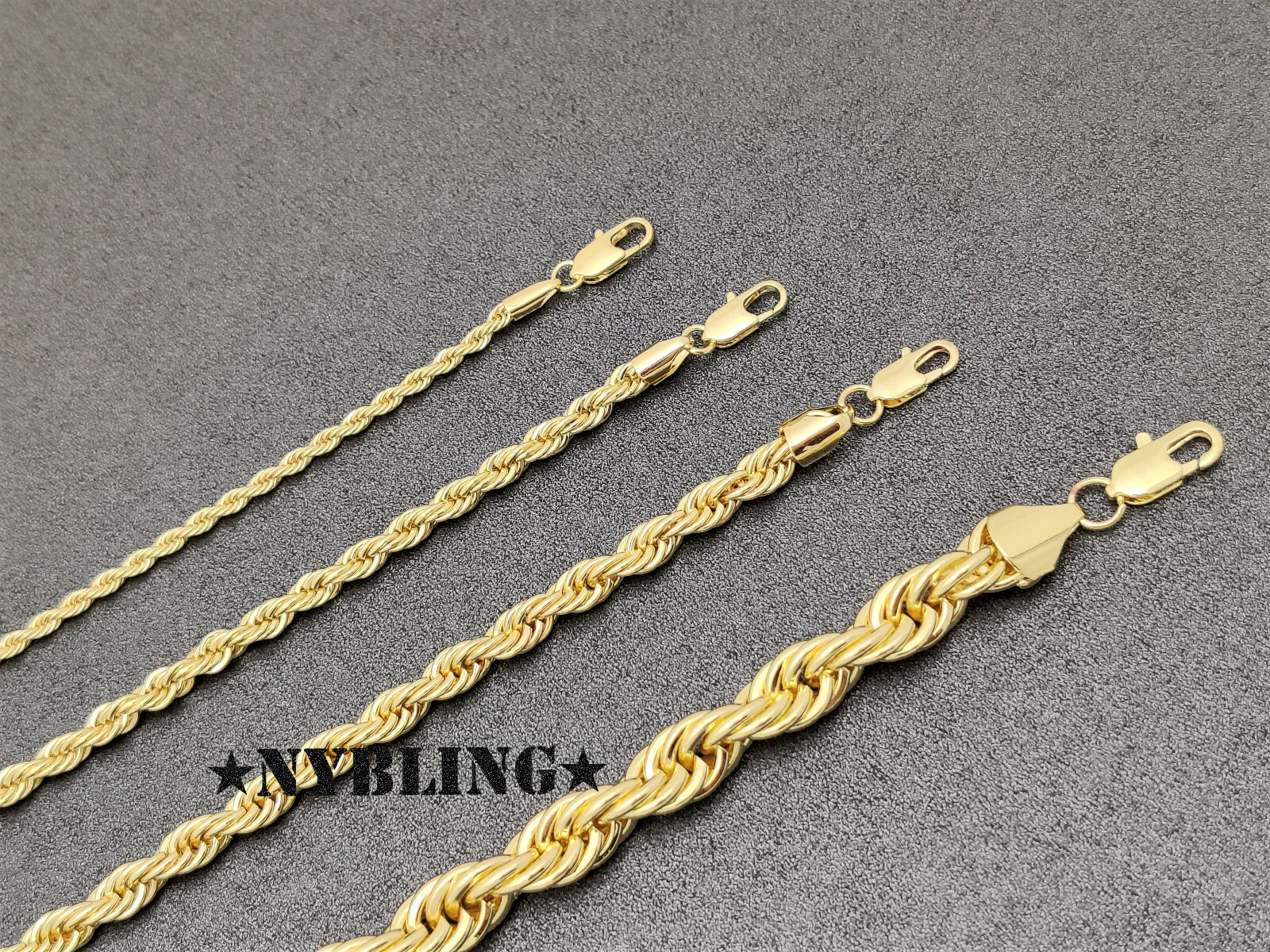Rope Chain Necklace 3MM to 10MM, 16″ to 30″ Mens Hip Hop Gold Plated Jewelry