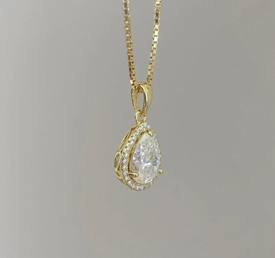 2.5Ct Pear Lab Created Diamond Halo 14K Yellow Gold FN Women’s Wedding Pendant