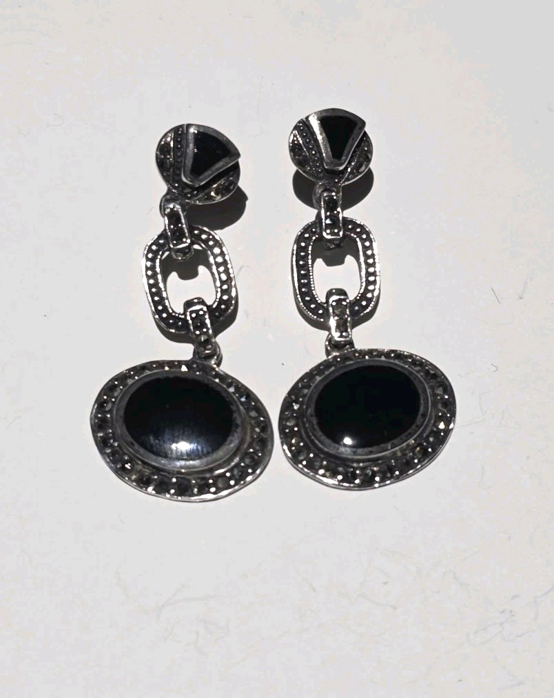 Vintage ACI 925 Sterling Silver Black Onyx Marcasite Art Deco Dangle Earrings