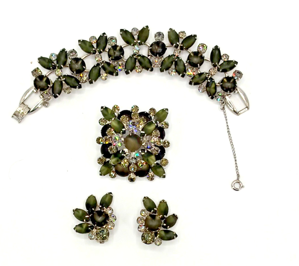 JULIANA Frosted Olive Green Navettes Set Bracelet Brooch Earring Ref# 1372, 6420