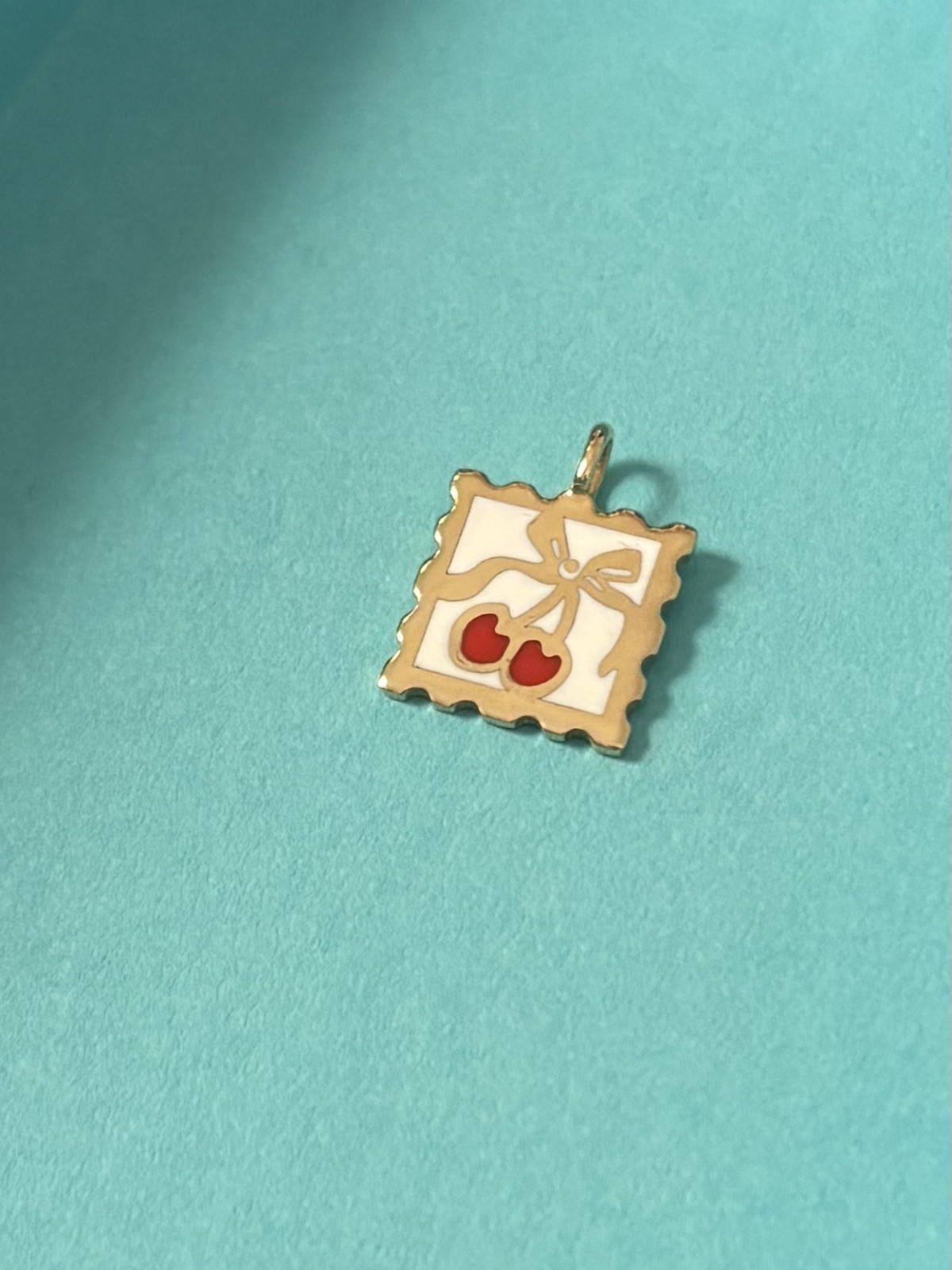 14K Solid Gold 585 Yellow Gold Cherry Postage Stamp Enamel Pendant Charm