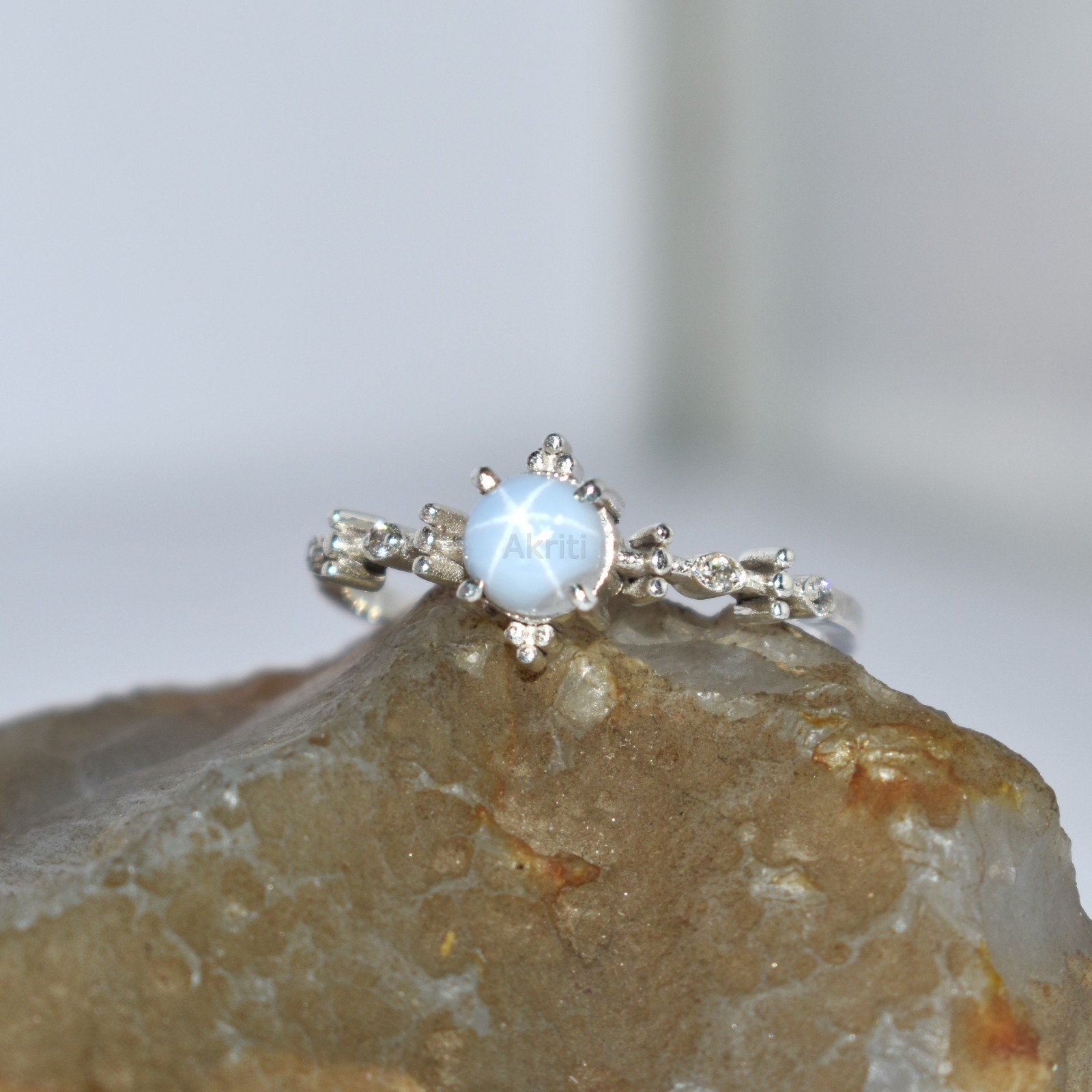 Forest Style White Lab Lindy Star Sapphire & CZ Diamond 925 Sterling Silver Ring