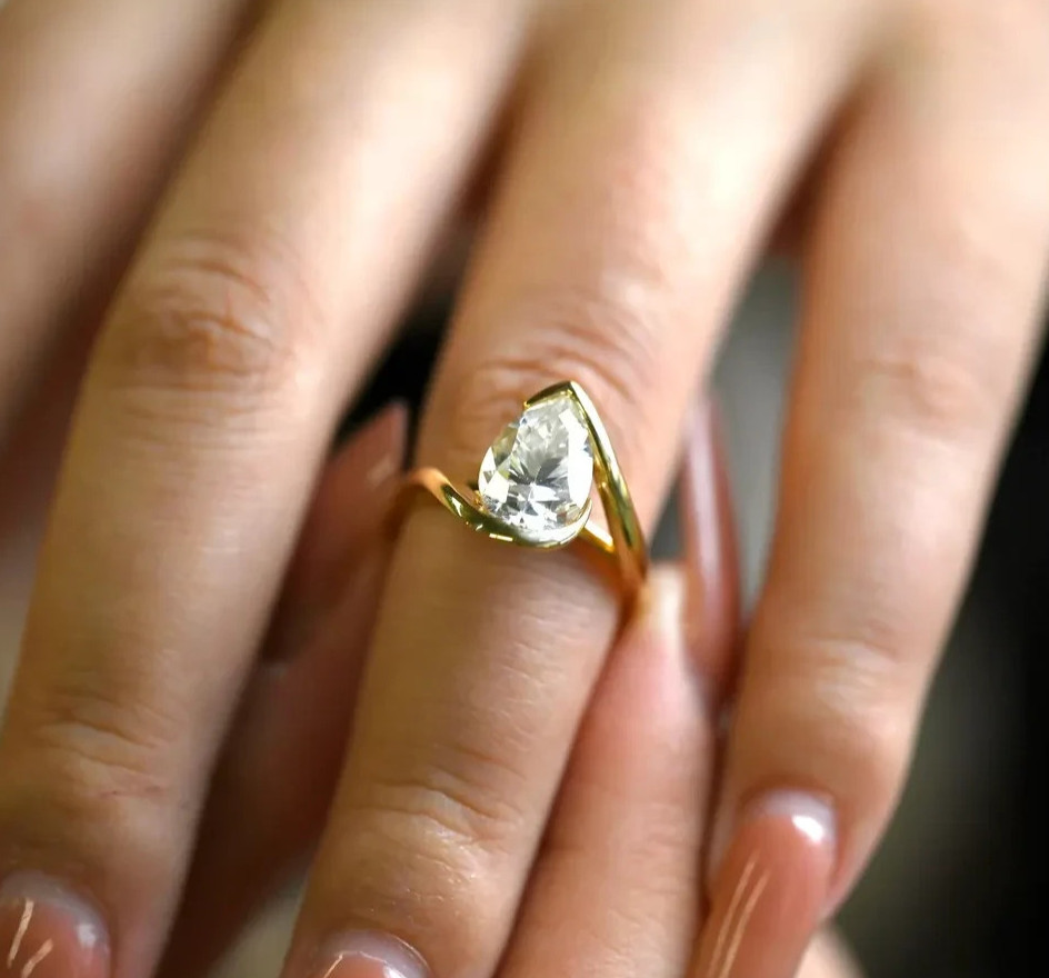 Lab Grown Diamond Engagement Ring Pear Cut Ring 9k solid gold ring gifts for her