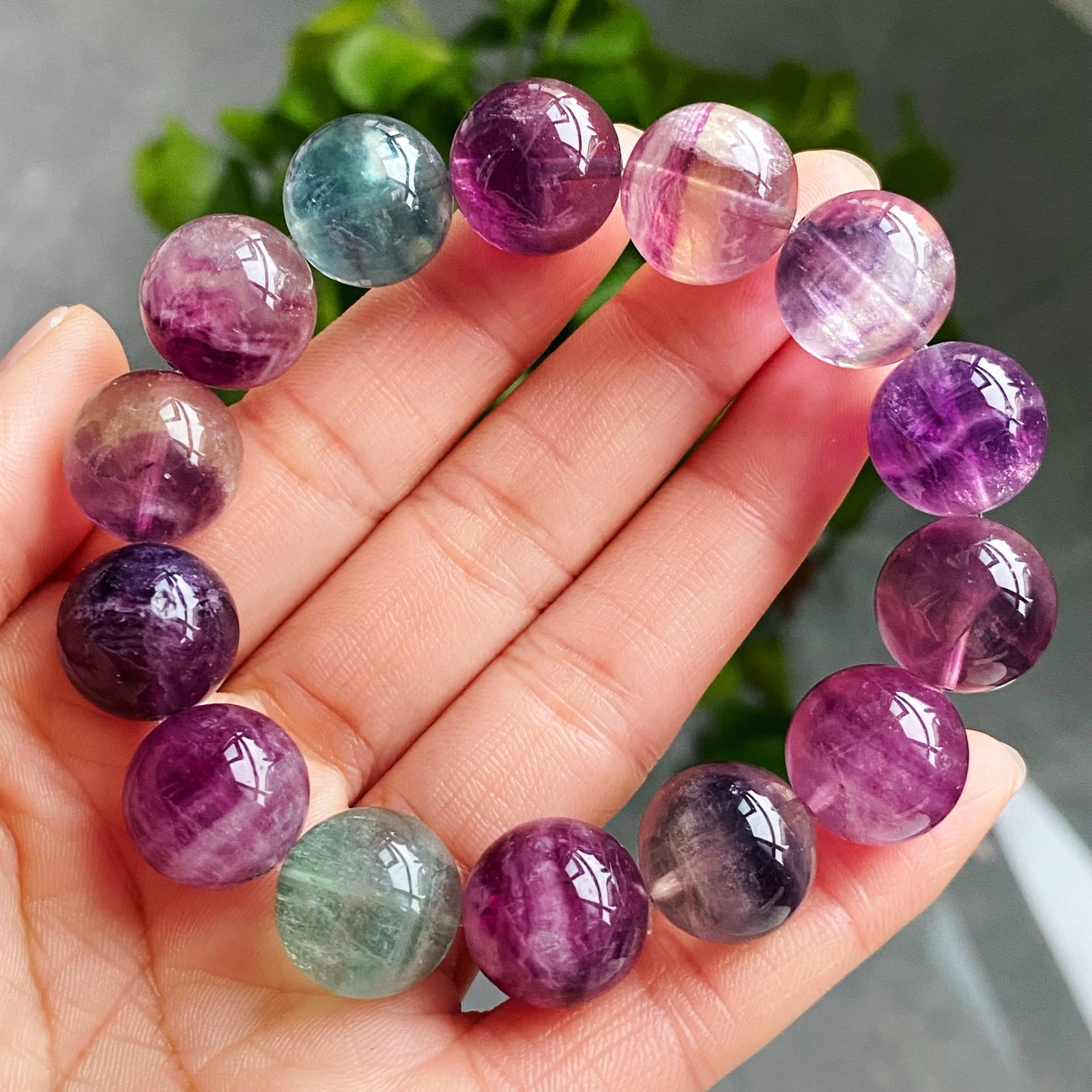 14.7mm Natural Color Fluorite Quartz Crystal Gemstone Beads Bracelet 2944