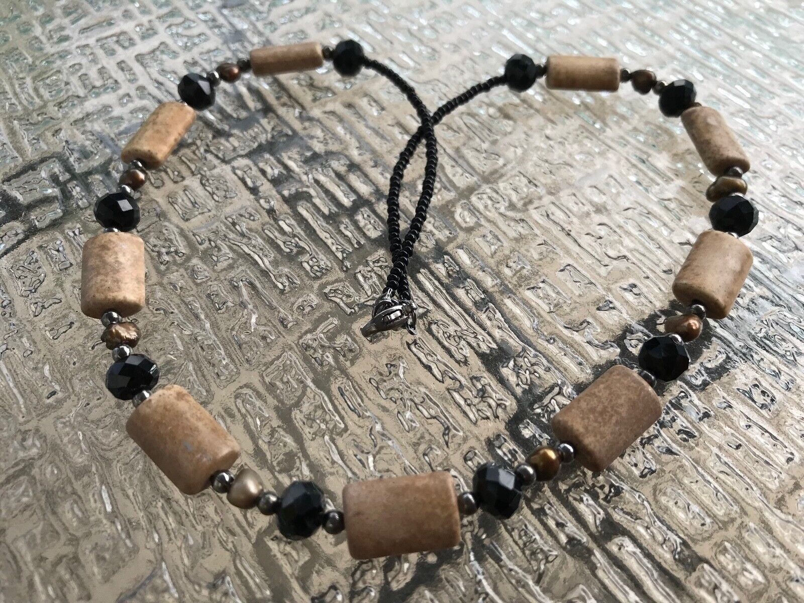 Handmade Necklace Brown Magnesite, Olive Green Freshwater Pearls and Black Glass