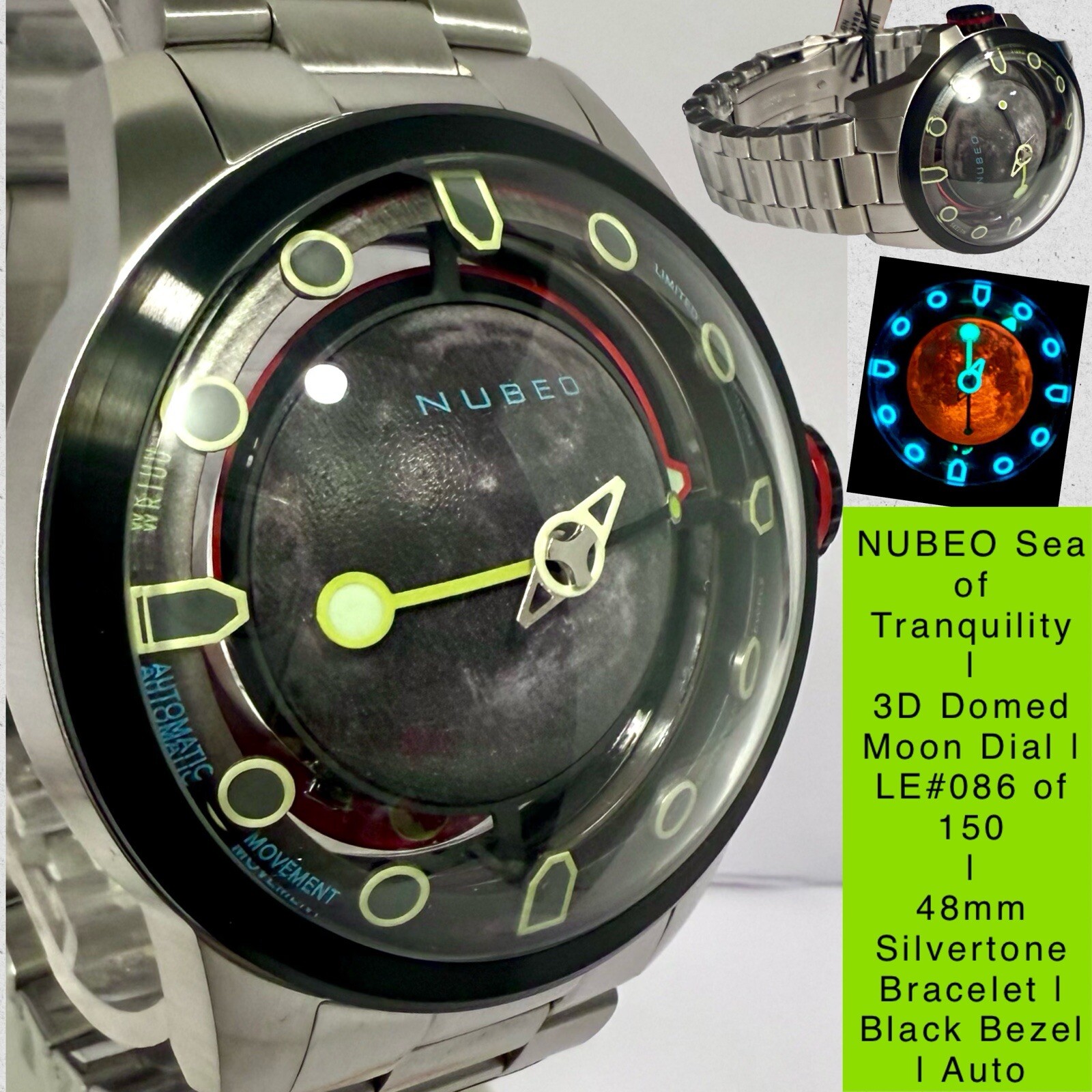 48mm 3D Moon TRANQUILITY Black Bezel/Slvrtn Bracelet LE#086/150 NUBEO Mens Watch