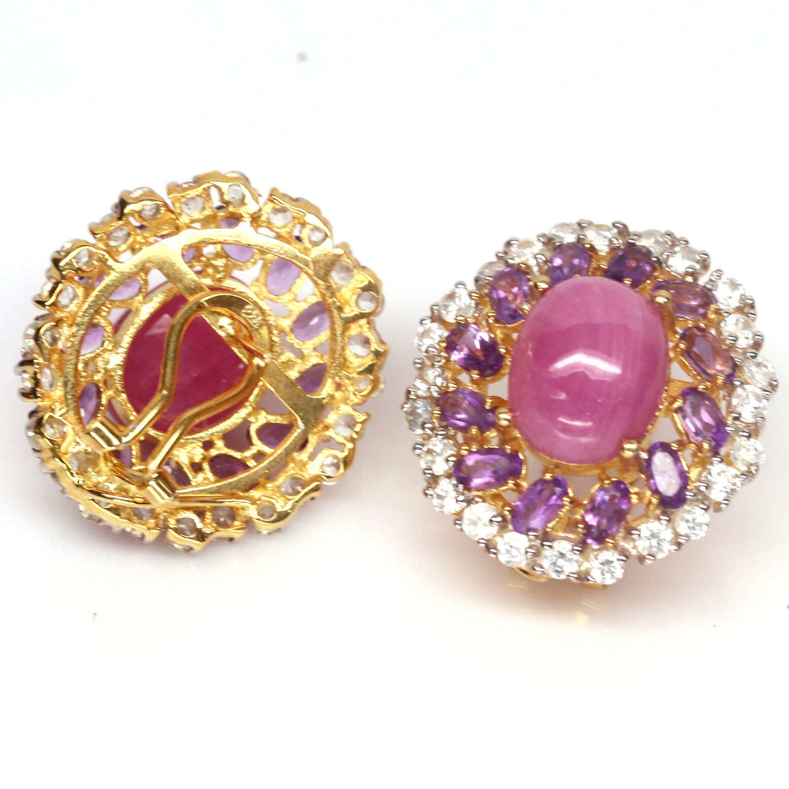 Pink Ruby Stone Stud Earrings 925 Sterling Silver Halo CZ Purple Amethyst