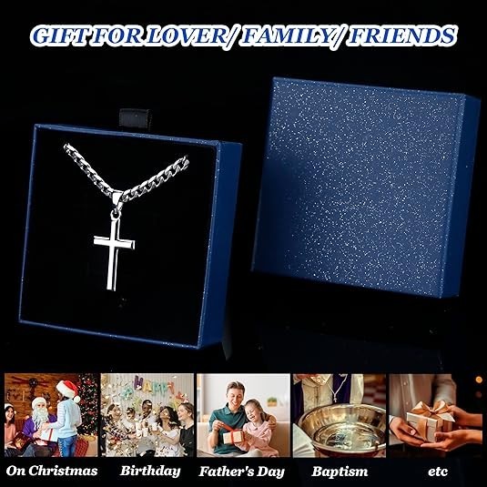 925 Sterling Silver Cross Necklace Men – Beveled Edge Cross Pendant with 5Mm 316