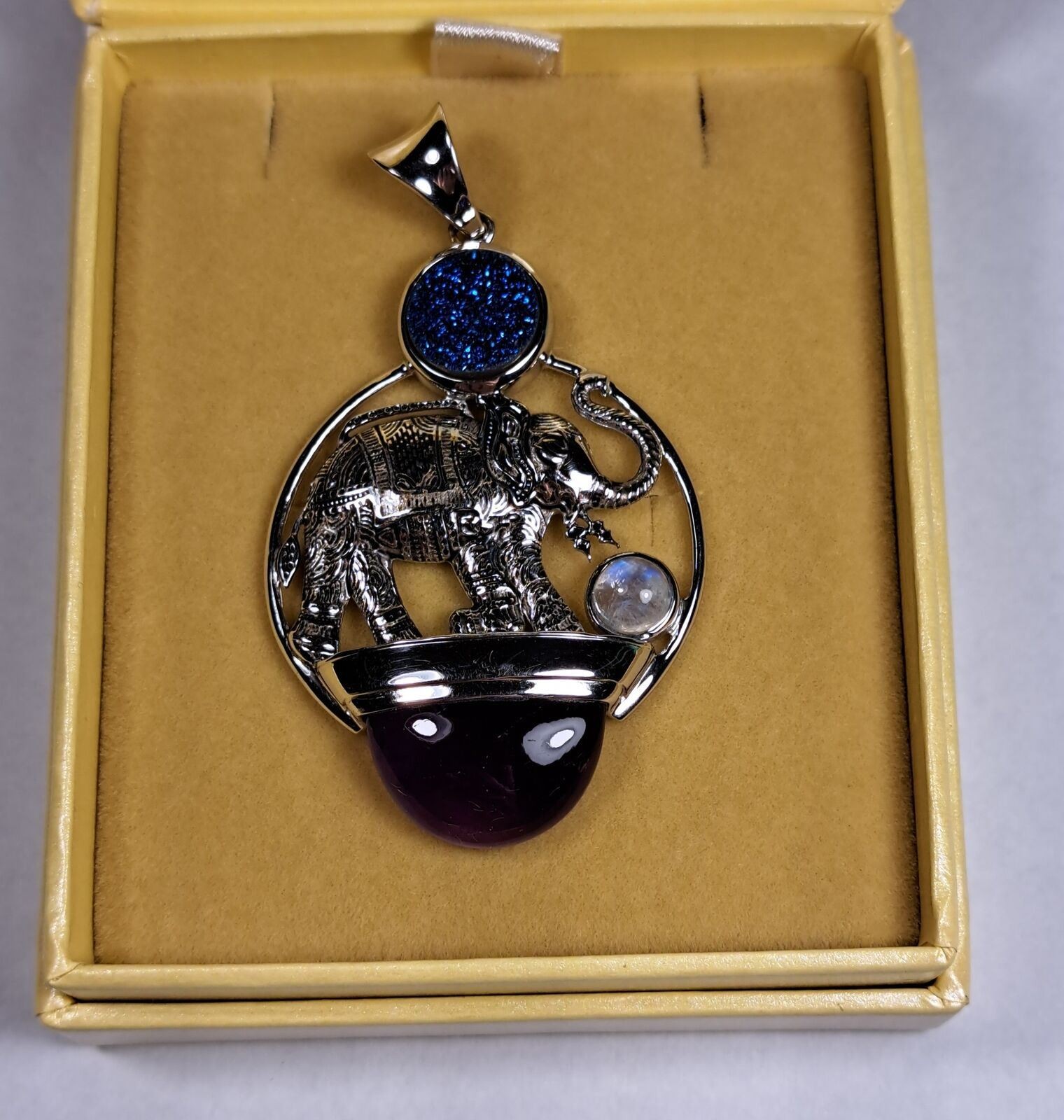 SAJEN Elephant Amethyst Moonstone & Blue Druzy Pendant Sterling Silver NEW