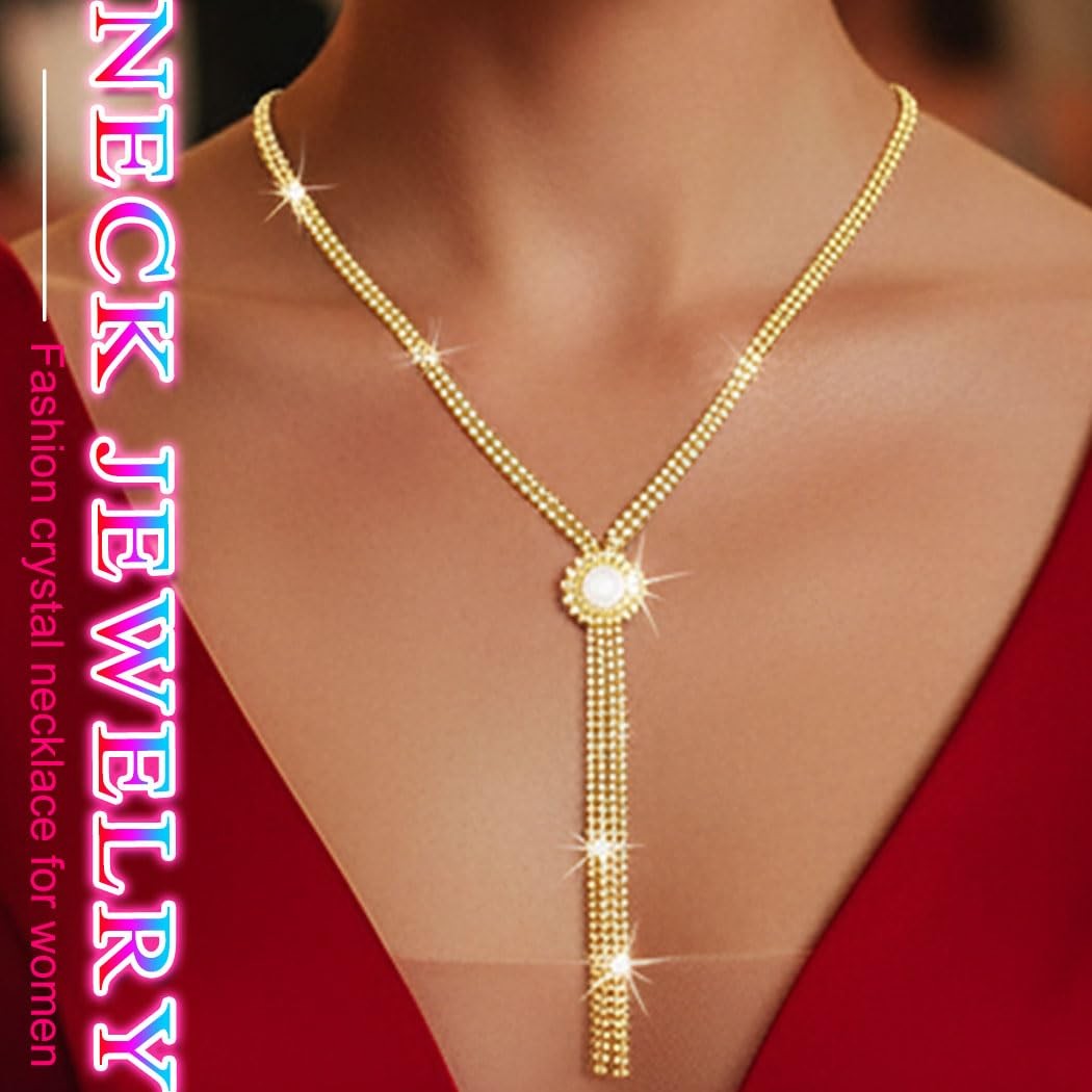 Rhinestone Y-Necklace Choker Chain (18.5in (Length), 9.4in (Height), Gold)