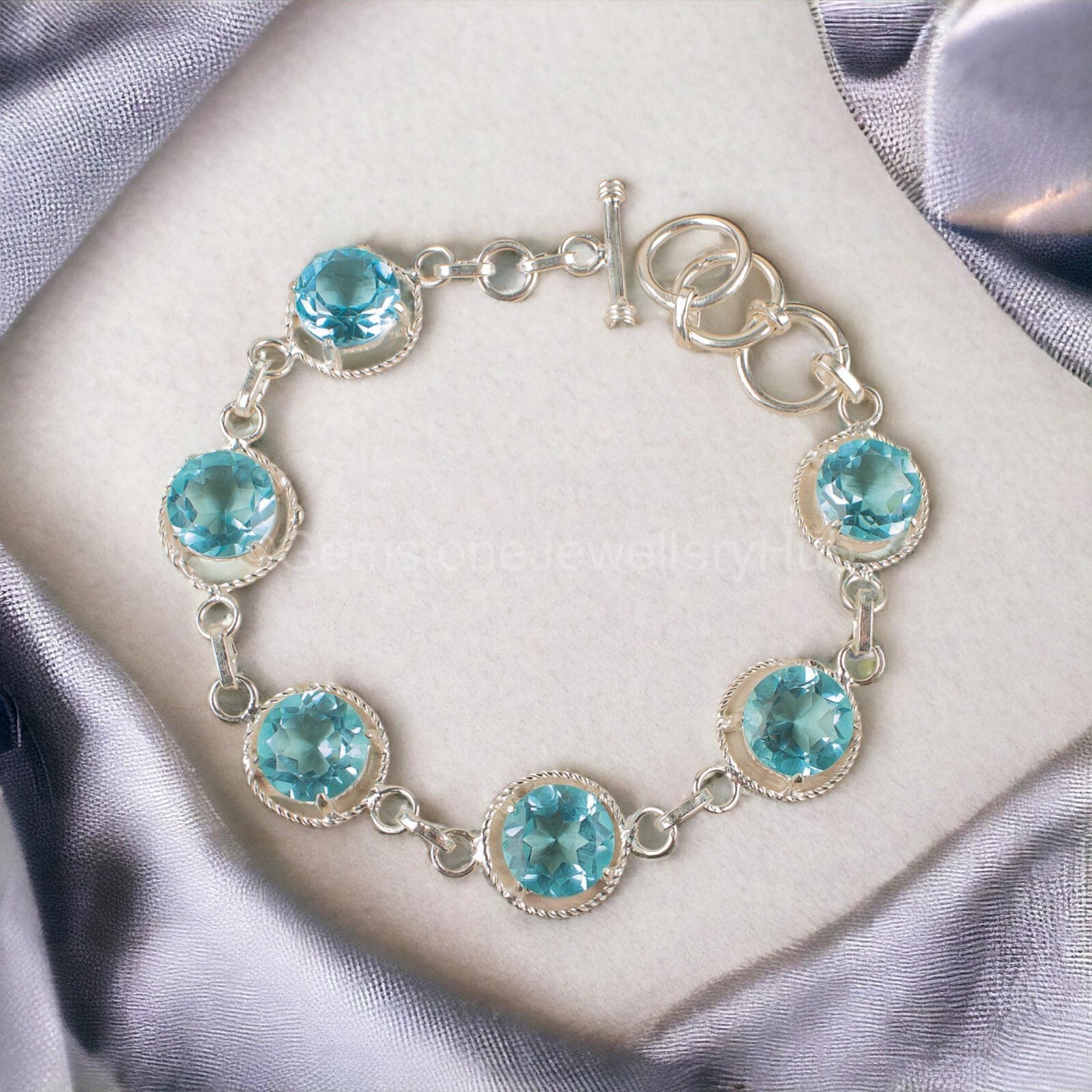 Wedding Gift For Her 925 Silver Natural Sky Blue Topaz Gemstone Chain Bracelet