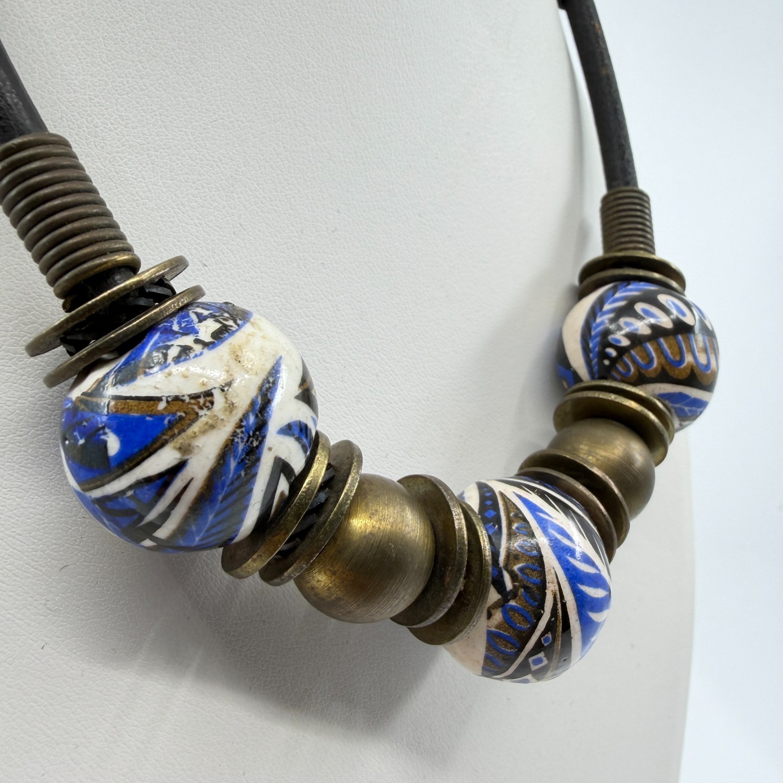 Boho Statement Necklace Blue White Ceramic Beads Leather Cord Artisan