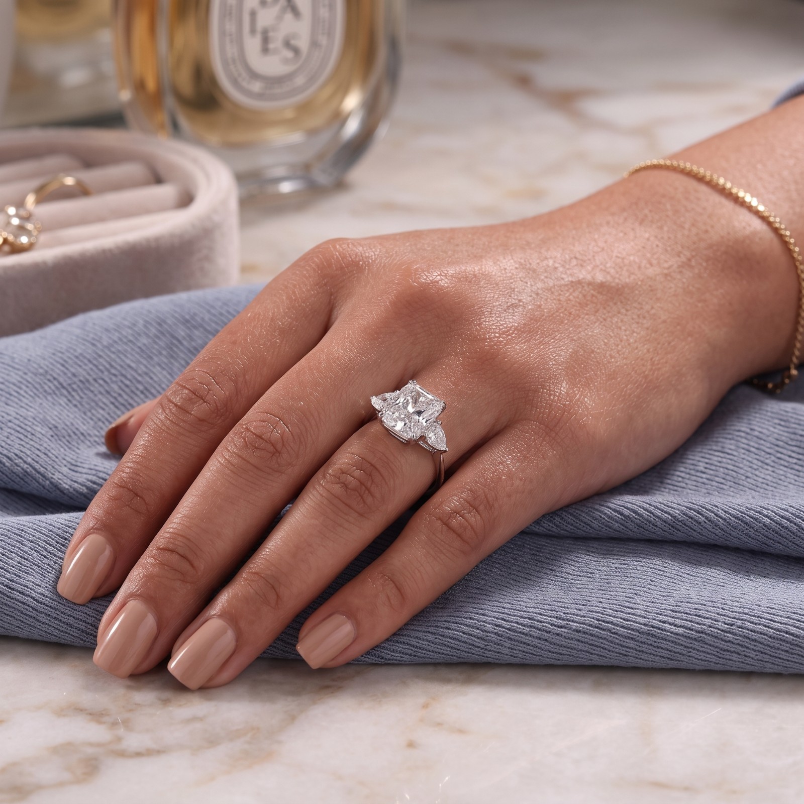 3CT Cushion Cut Moissanite Engagement Ring with Pear Side Stones Sterling Silver