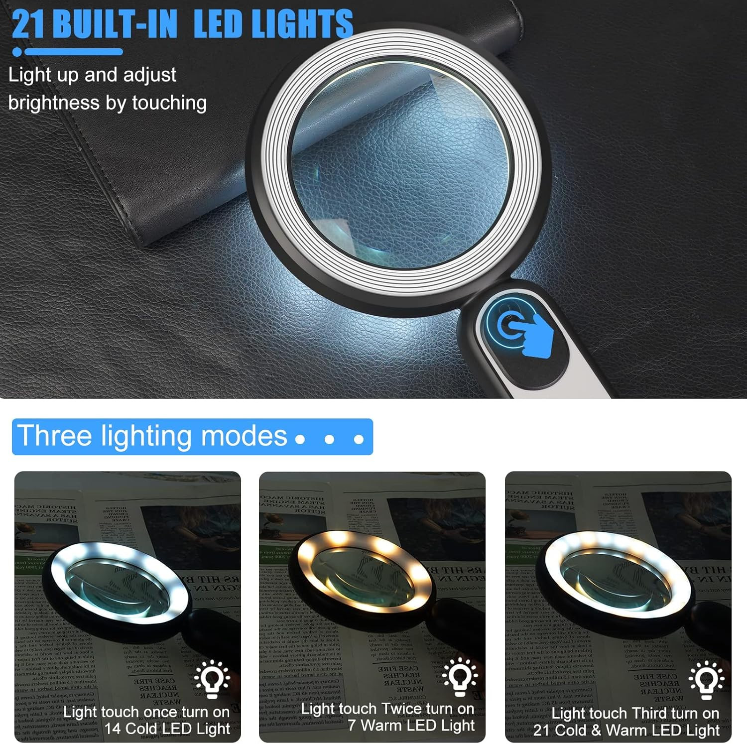 Rechargeable 30X Magnifying Glass with Light – 21 LED, 3 Modes, Handheld