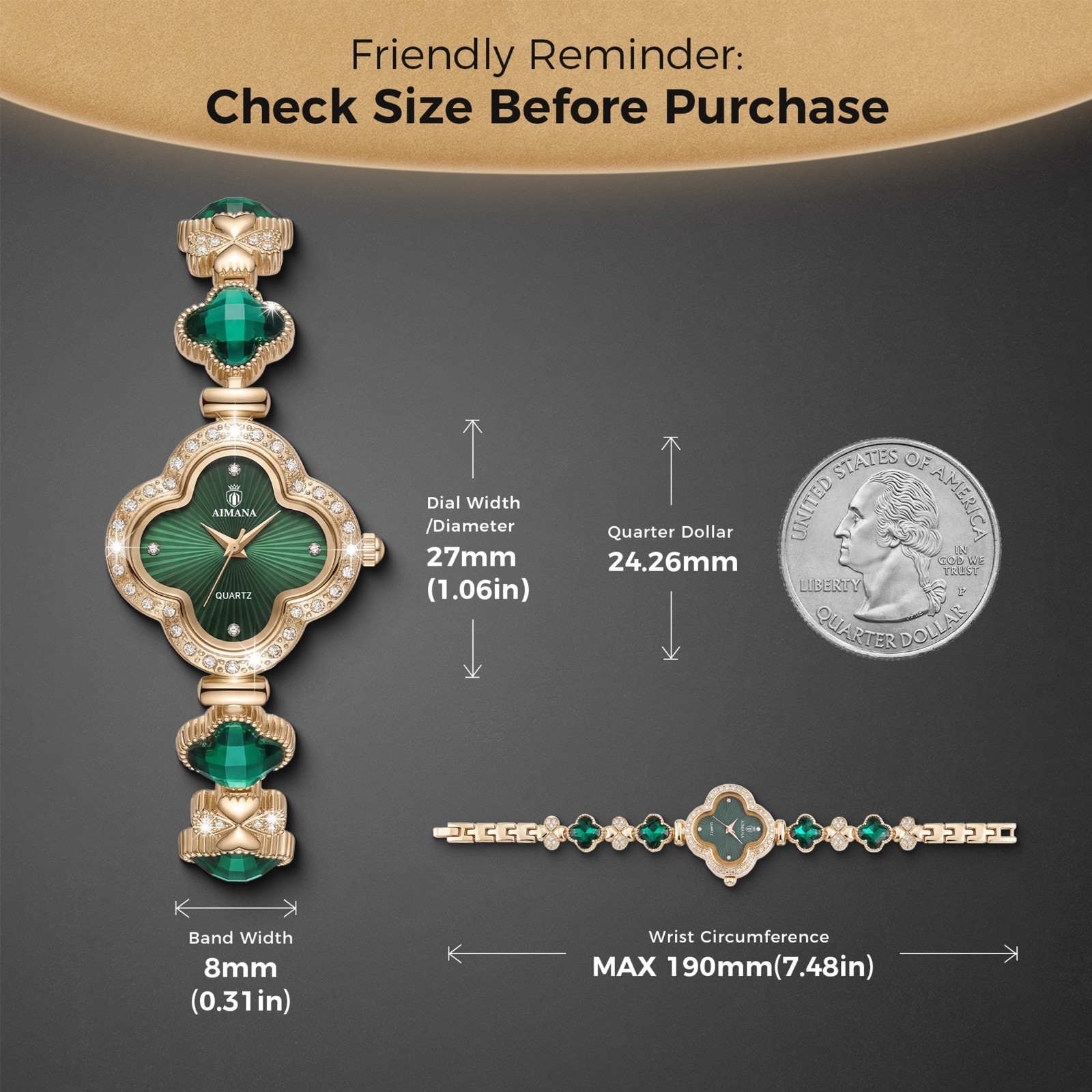 VORSEL Luxury Gold Bracelet Watch for Women Quatrefoil-Shaped Green Dial