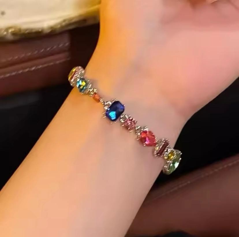 “Rainbow Crystal Necklace Bracelet Earrings Set Silver-Tone Statement Jewelry”