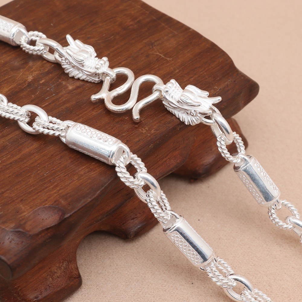 Pure S999 Fine Silver Chain 6mm Pillar Beads Dragon Head Link Necklace 44-45G
