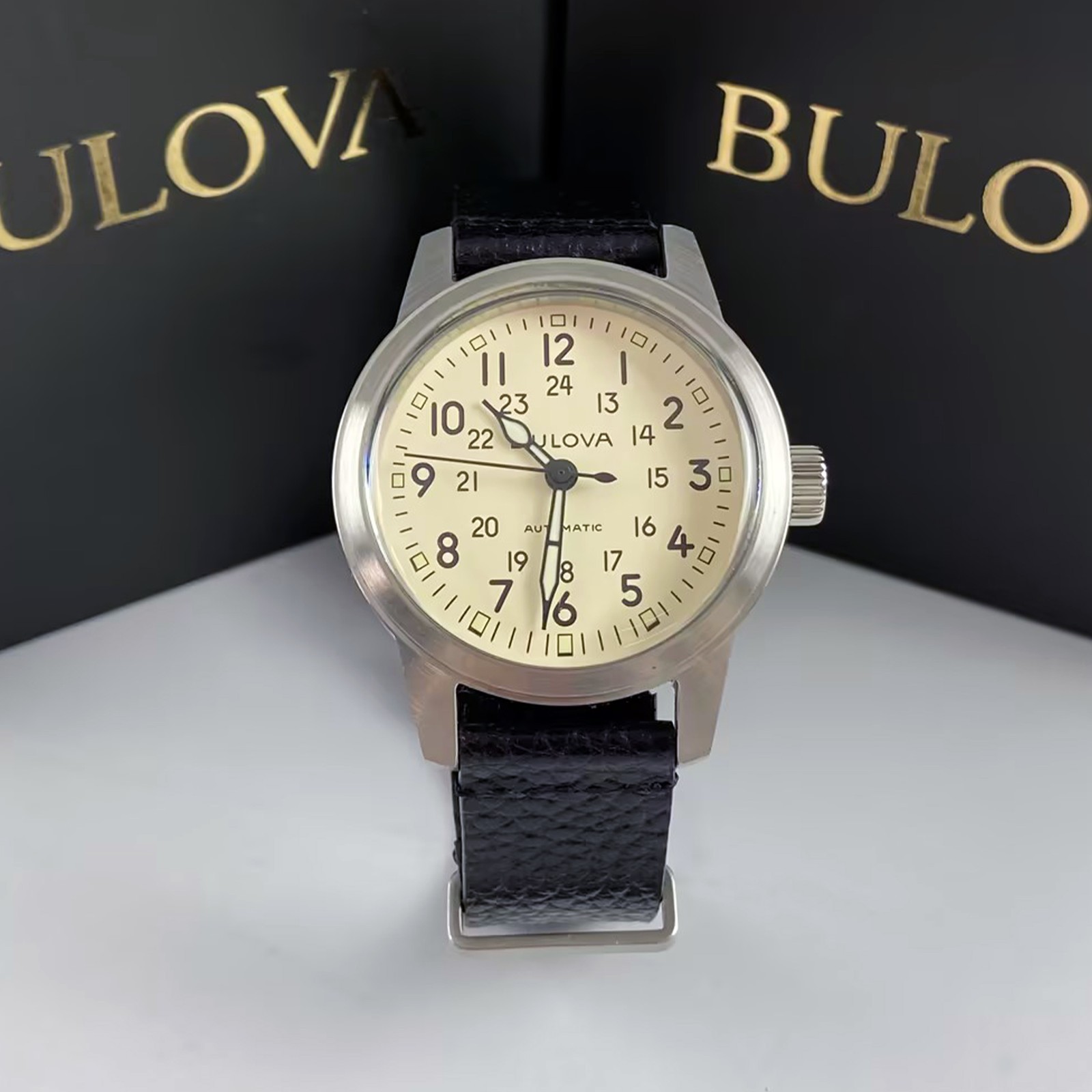 Bulova Special Edition 96A246 White Dial Black Leather Men Automatic Watch 38MM