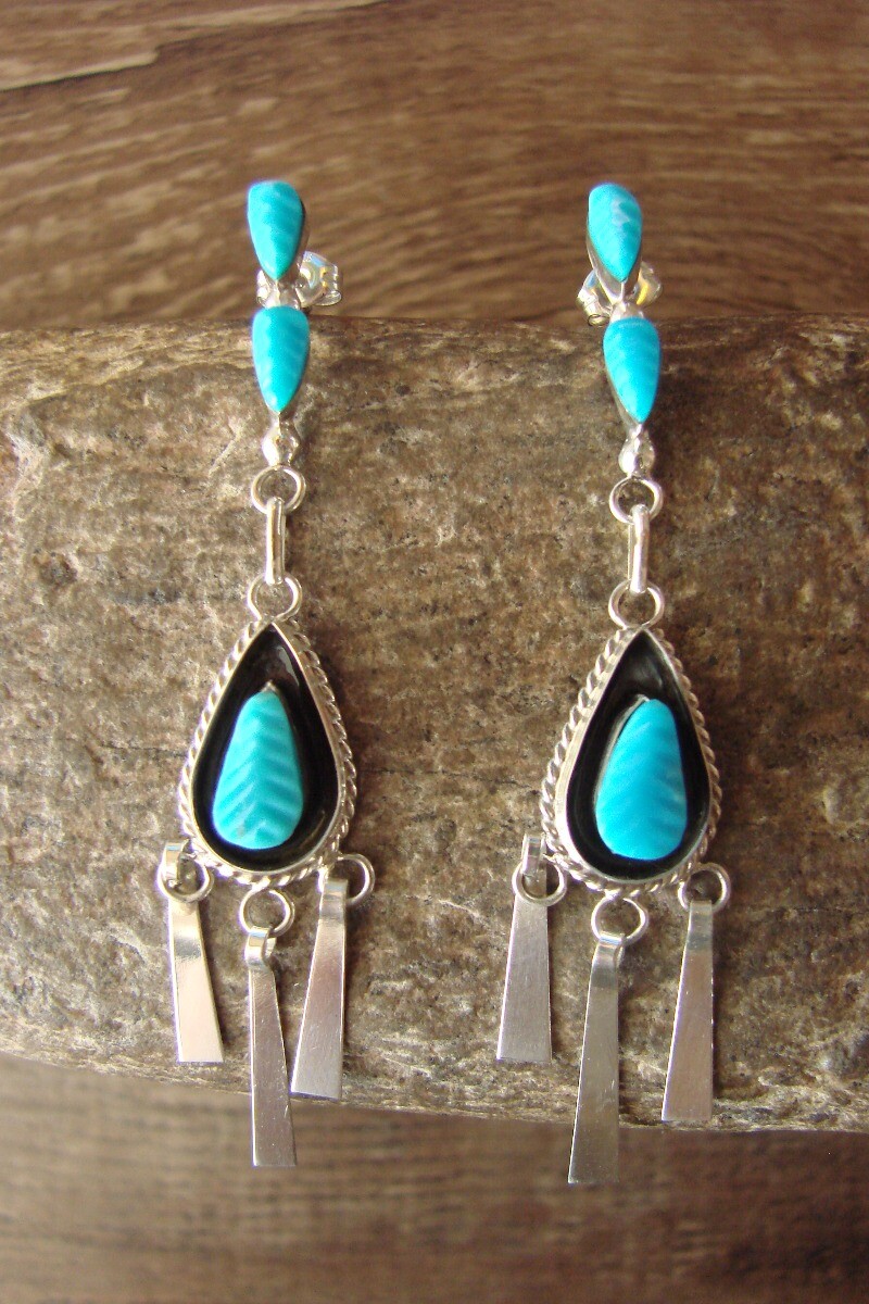 Zuni Sterling Silver Shadowbox Blue Turquoise Post Earrings!