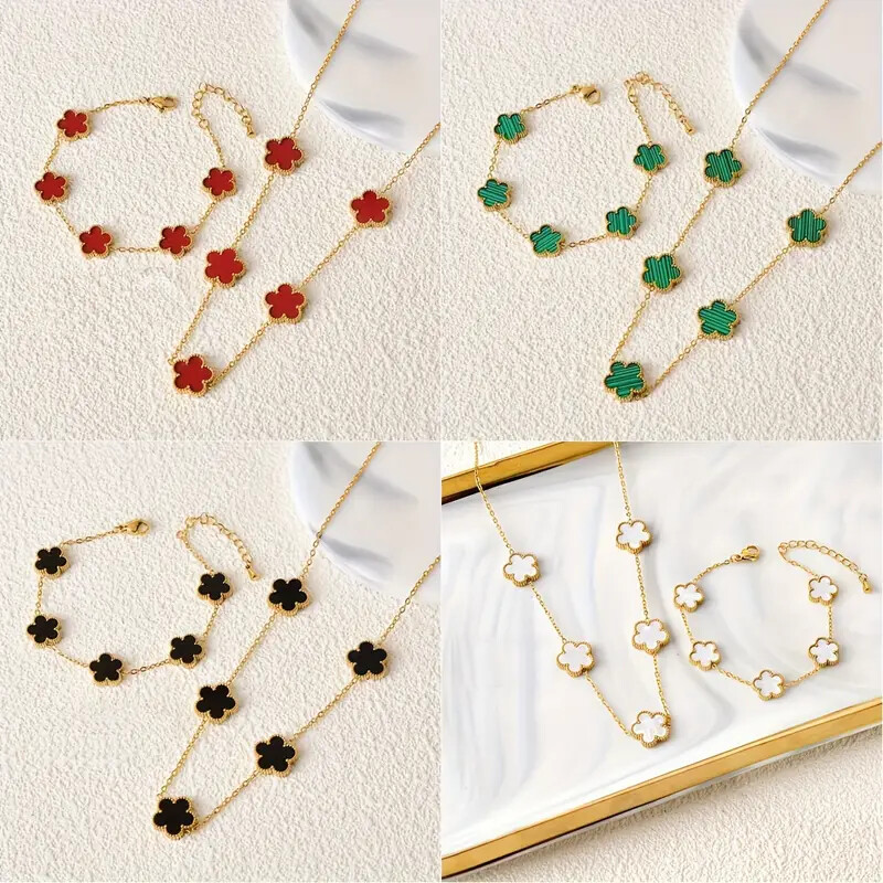 Women Stainless Steel Five Leaf Flower Cute Romantic Necklace & Bracelet Jewelry