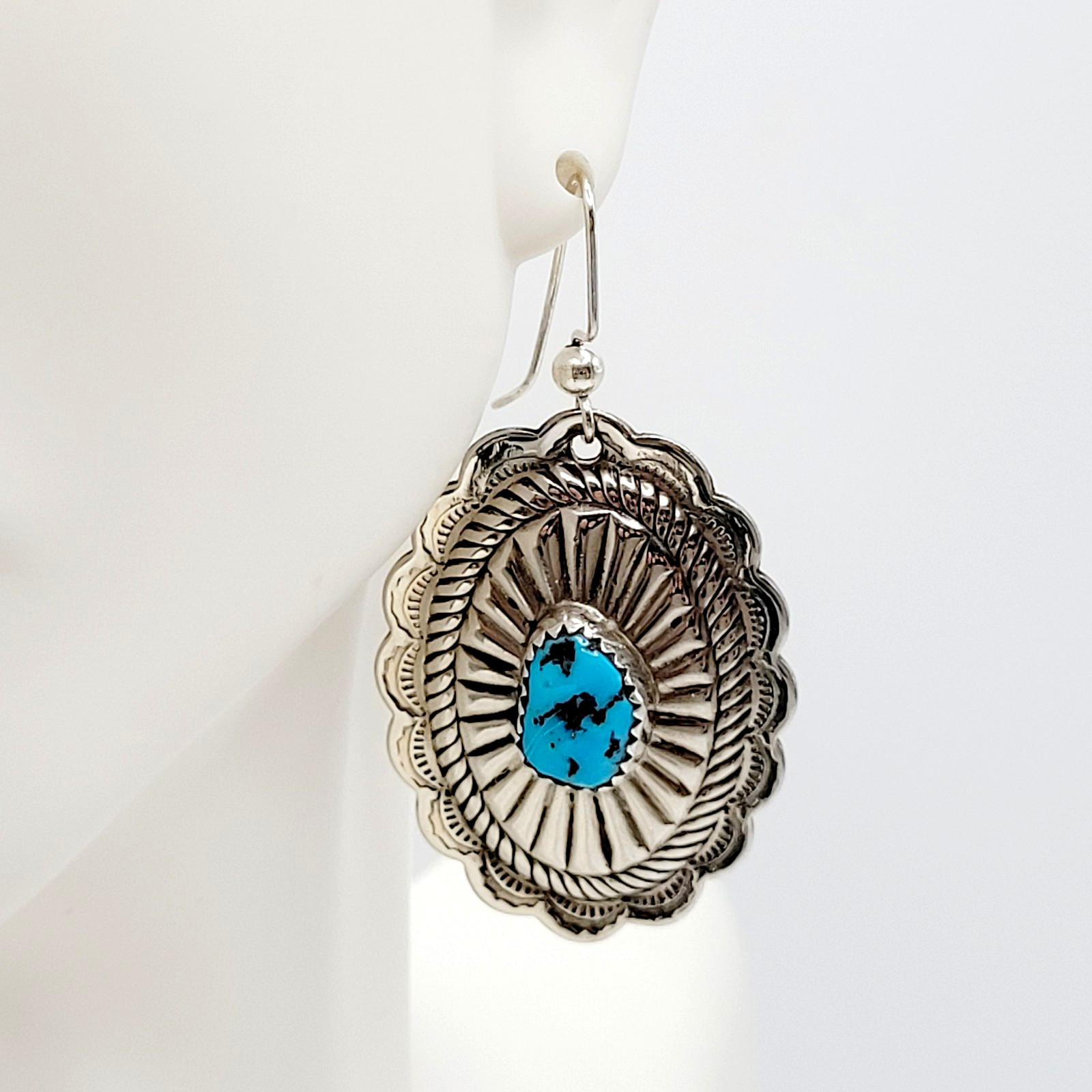 Southwestern Style Silver Tone Turquoise Concho Dangle Pierced Hook Earrings