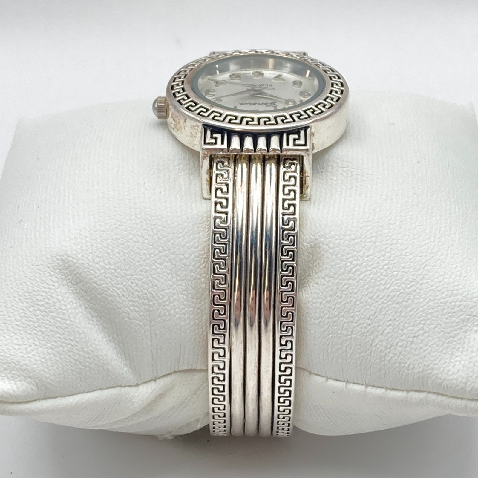 Geneva Women’s Watch 27mm Greek Key Silver Tone Cuff Round New Battery 6.25″