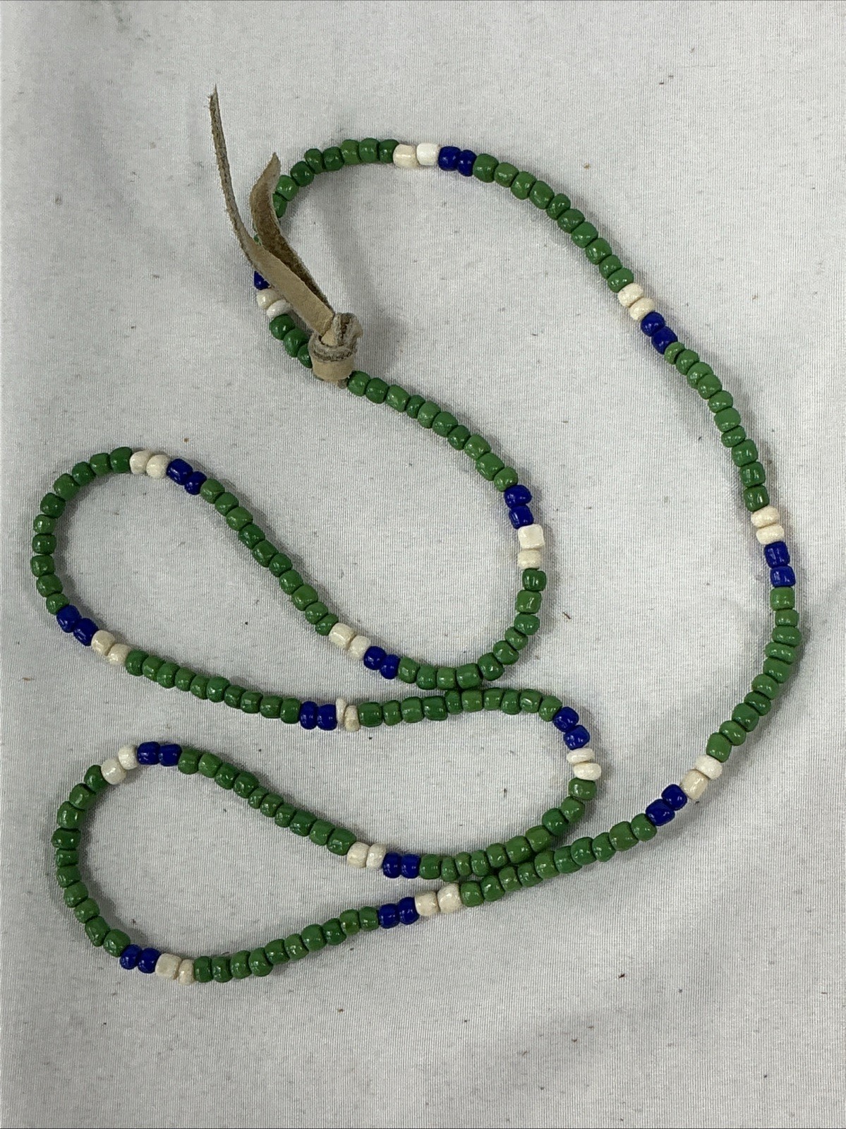 RTH Green, Blue & White Glass Beaded Leather Knot Necklace 28” Length