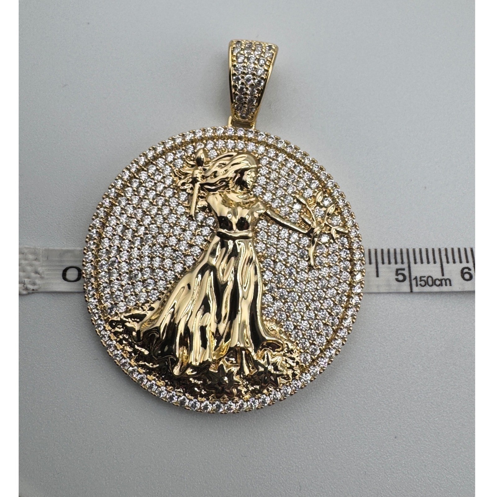 14K Gold Plated Iced Out Lady Medallion Pendant Round CZ Hip Hop Jewelry