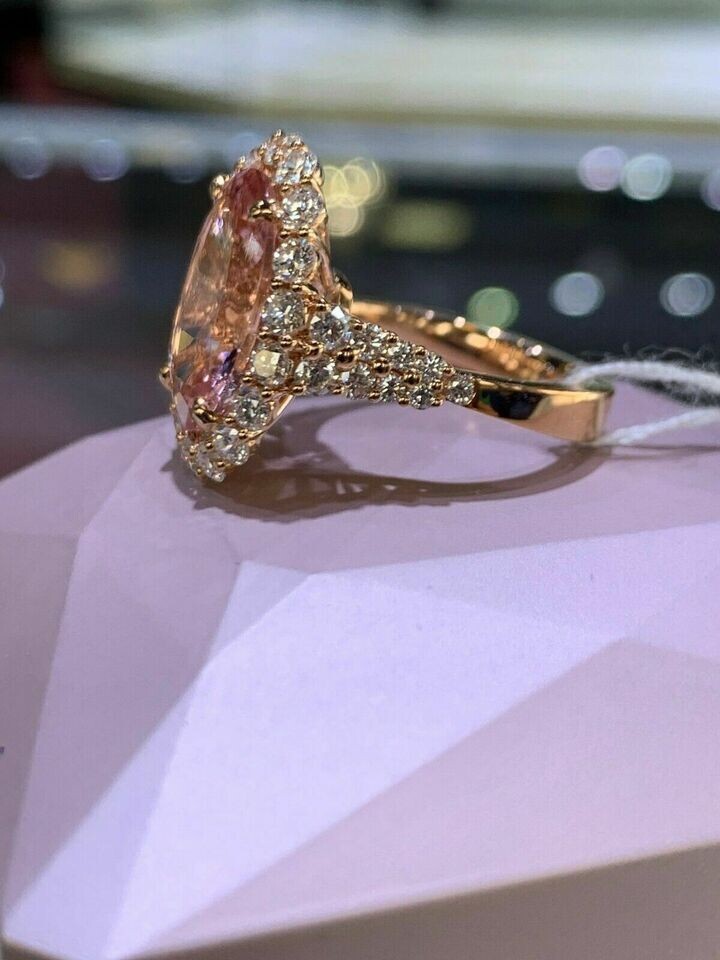 4Ct Oval Cut Morganite and Diamond Halo Engagement Ring In 14K Rose Gold Finish