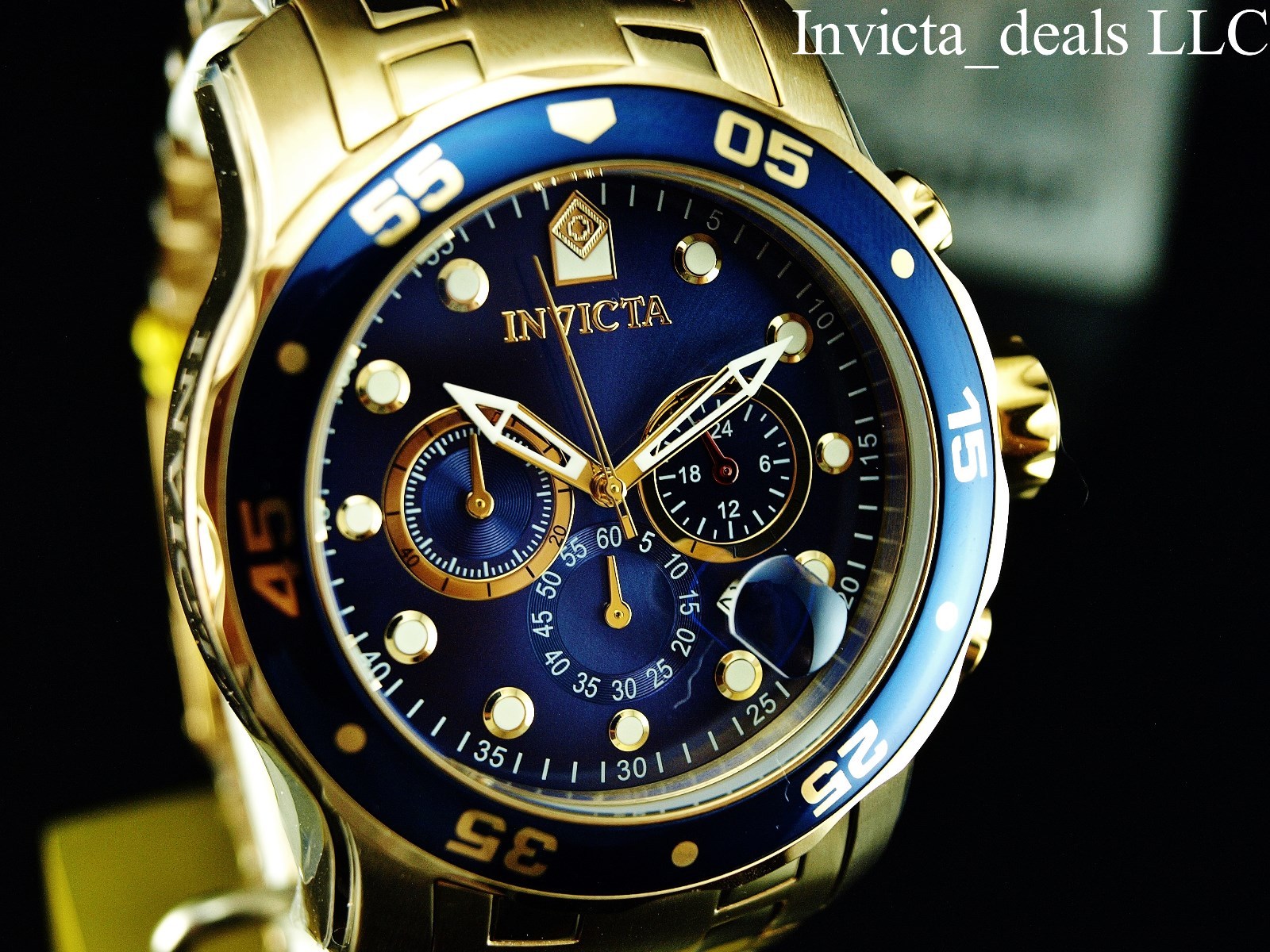 Invicta Men’s 48mm Pro Diver SCUBA Chronograph Blue Dial 18KT Gold Plated Watch