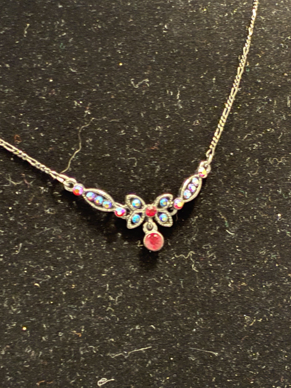 1928 Jewelry Co Silver Pink Rhinestone Butterfly Choker Necklace Aurora Borealis