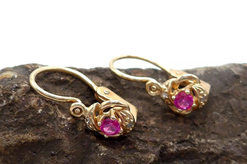 Ruby Zircon Gold Earrings, Dangle Earrings, 585 Yellow Gold