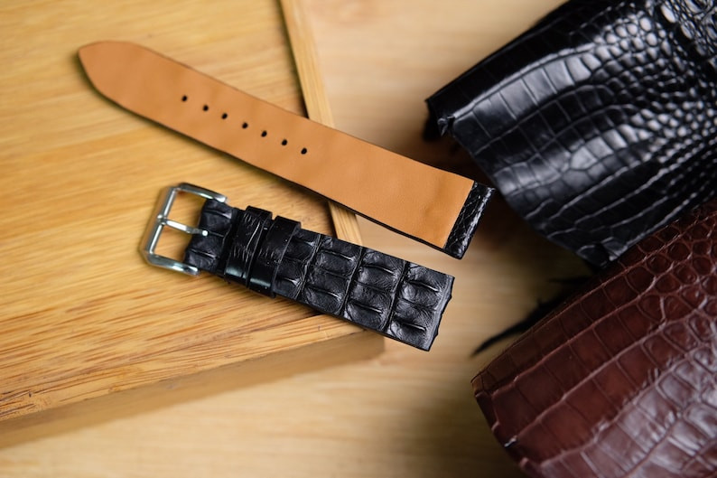 Black Leather Hornback Watch Strap Silver Buckle Custom Watch Band Handmade