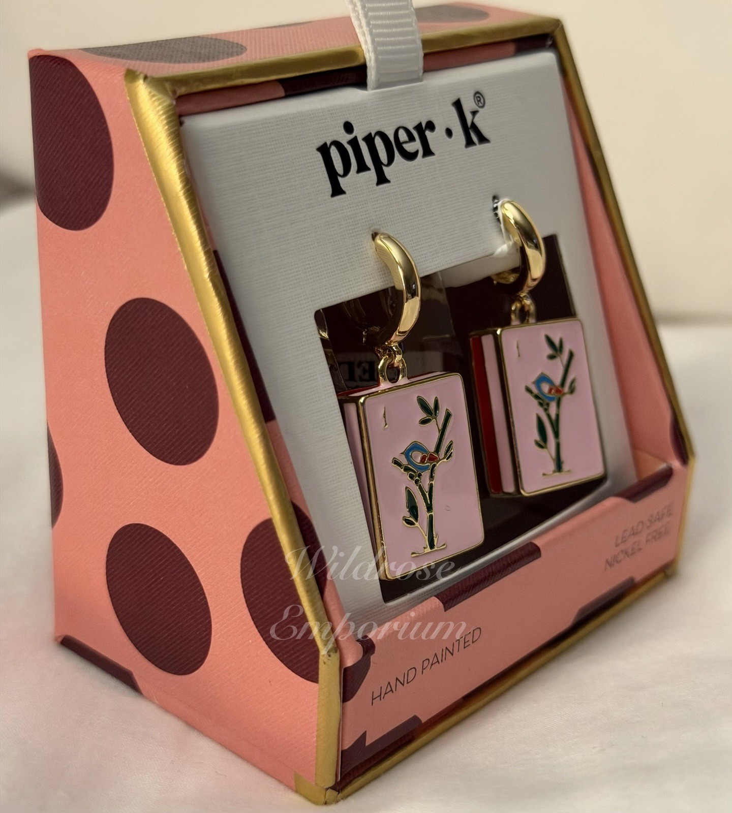 Piper K whimsical pink mahjong game tile motif enamel Huggie hoop earrings