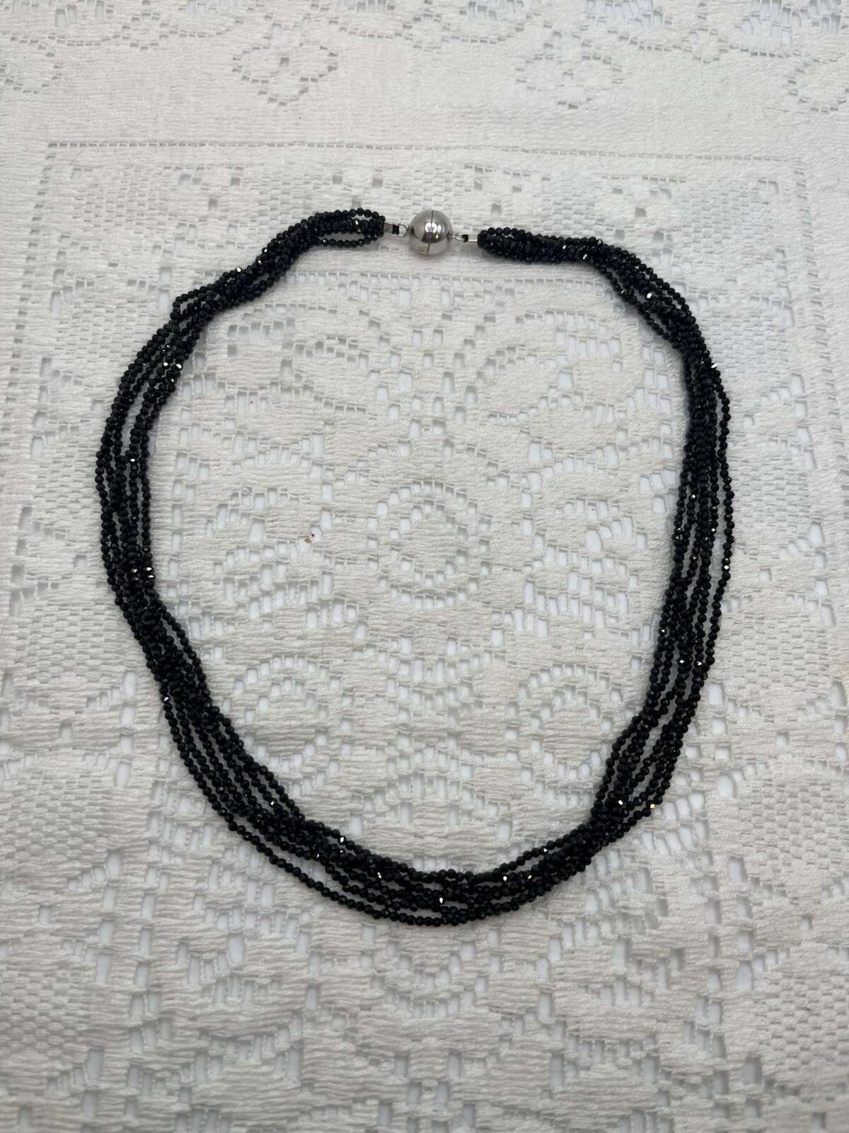 Sterling Silver Black Spinel Faceted Bead Six Strand 18″ Necklace Sparkly Fun