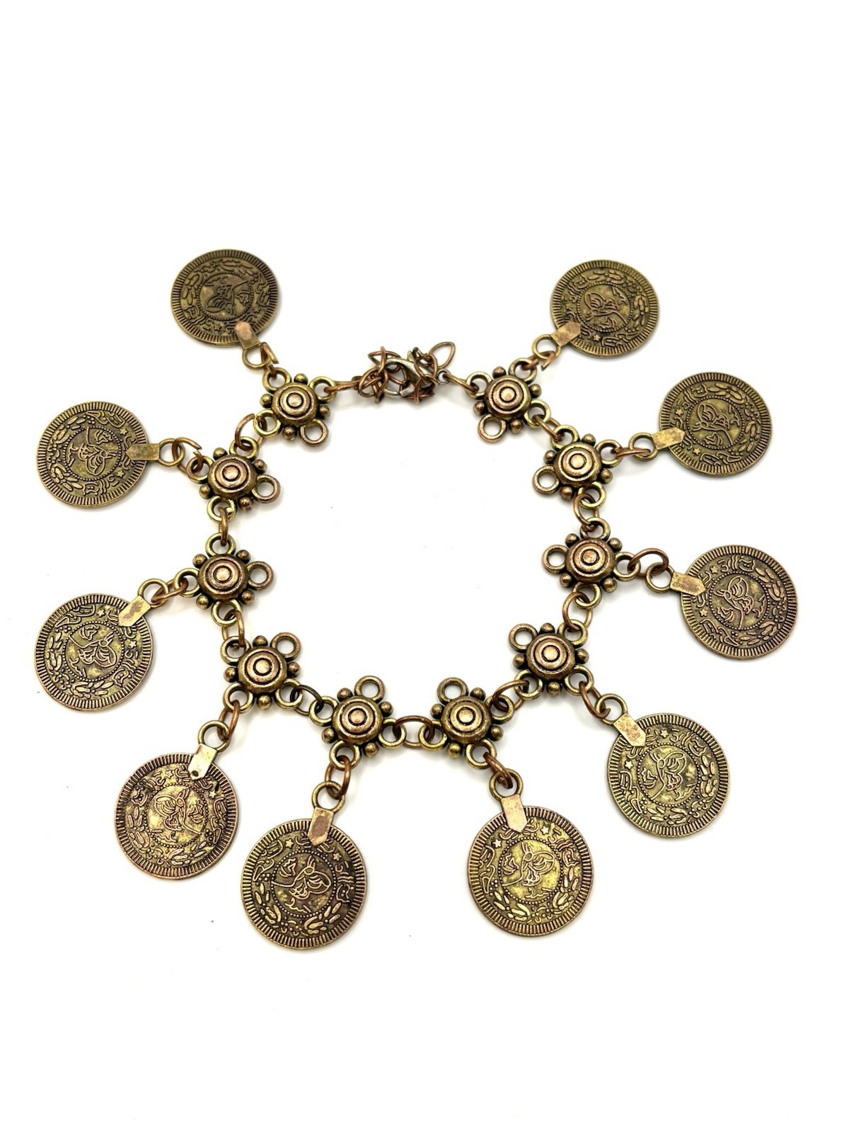 Vtg Ottoman Turkish Coin Charm Bracelet Tughra Sultan Brass Tone Boho 7-8.5″