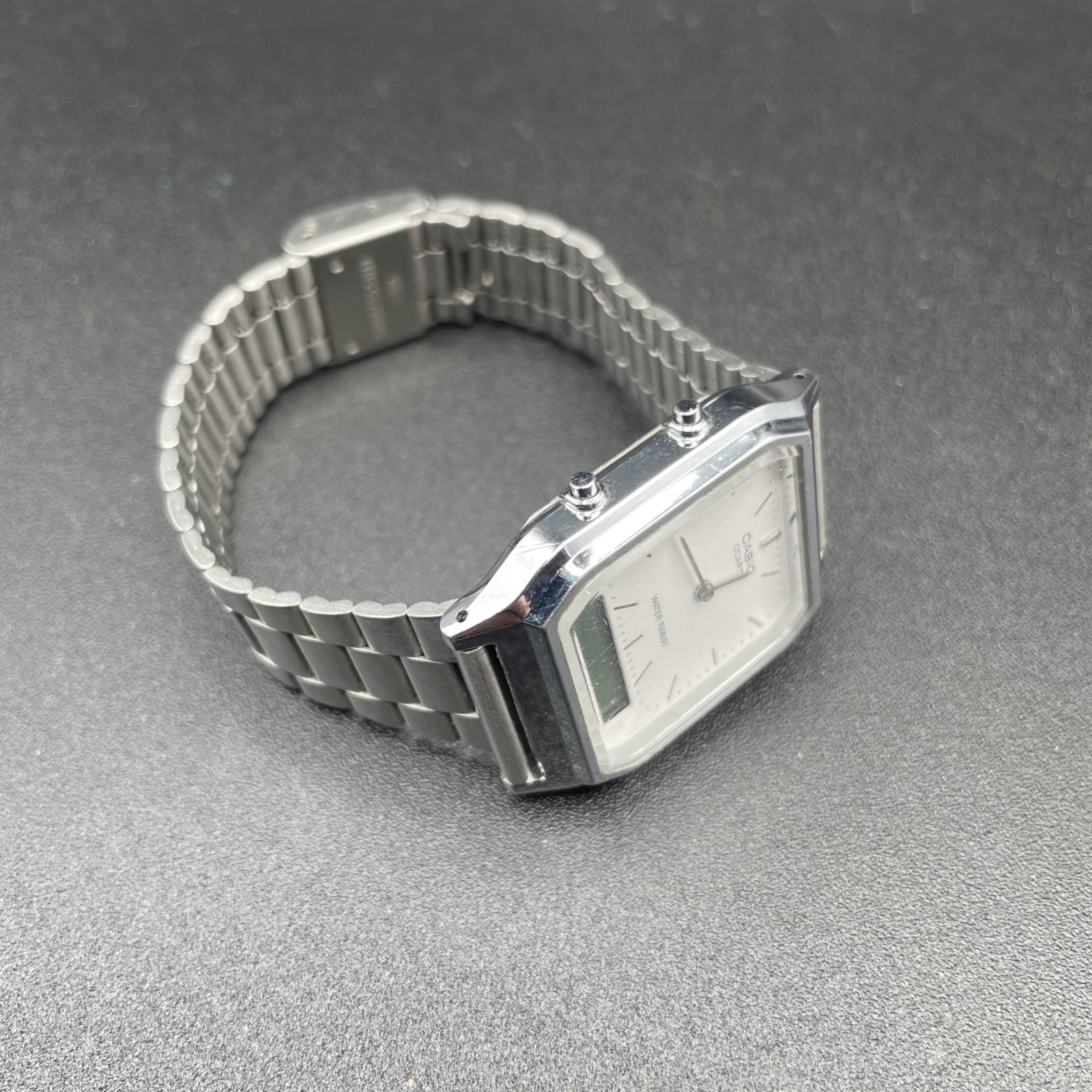 Casio AQ-230 Ana Digi Watch Silver Retro Square Japan Movt Vintage Style