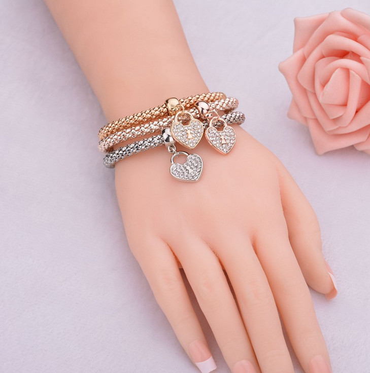 One 3_Piece Charm Dangle Chain Women Bracelets Silver, Gold or Rose Gold Plated