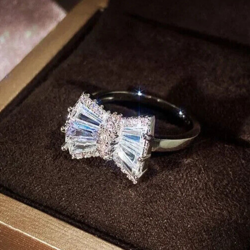 Christmas Gifts Ring 2 Ct CZ Dazzling Bow Tie Wedding Ring Silver Plated Unisex