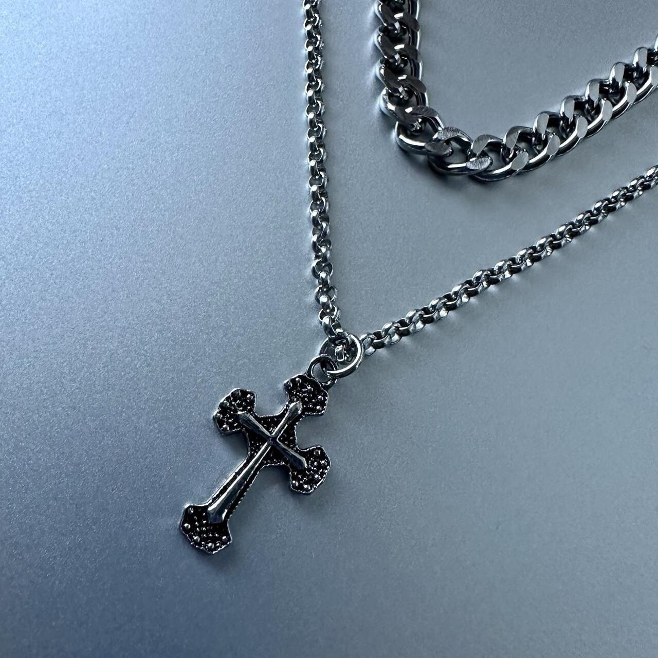 Mens Double Layer Cross Necklace Stainless Steel Chain Hip Hop Unisex Women New