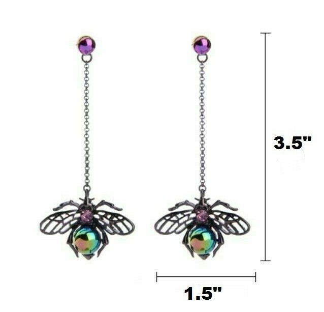US Seller Betsey Johnson Crystal Black Pearl Bee Insect Long Dangle Earrings