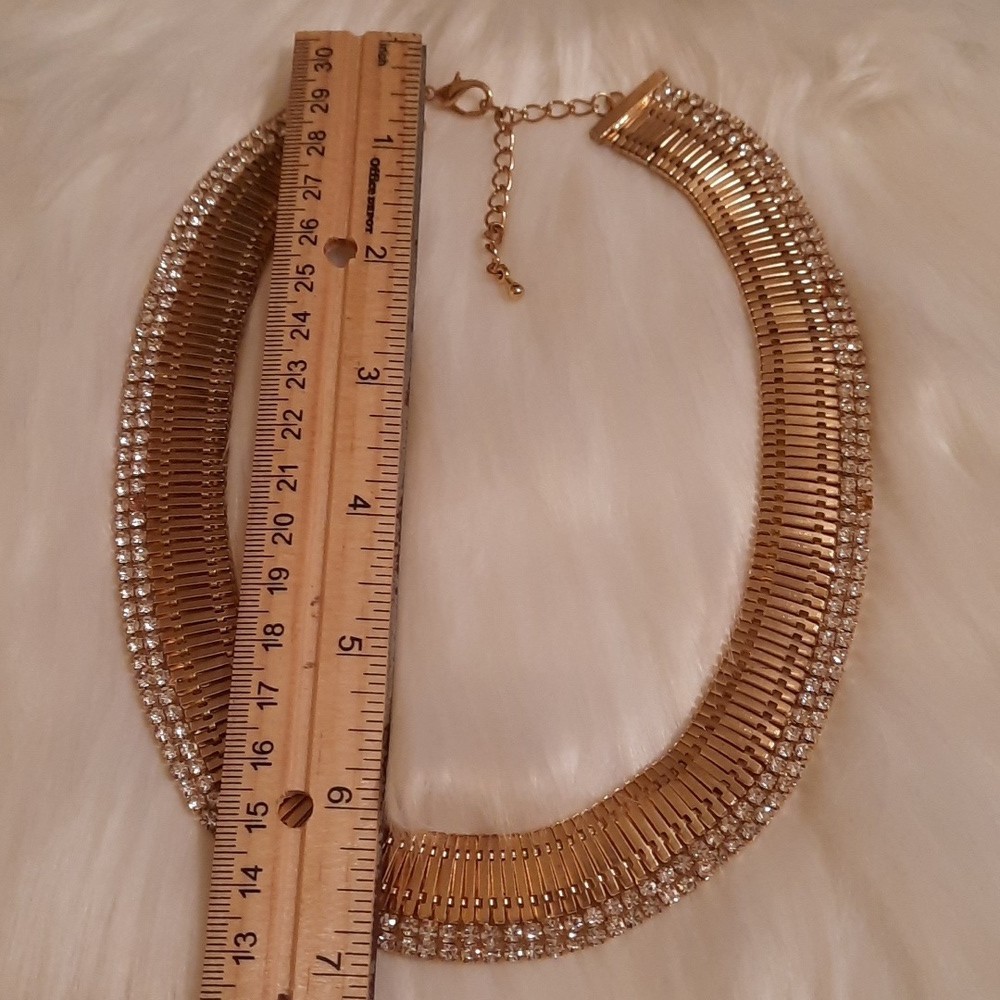 Cz goldtone accordian style choker collar bib necklace adjustable length